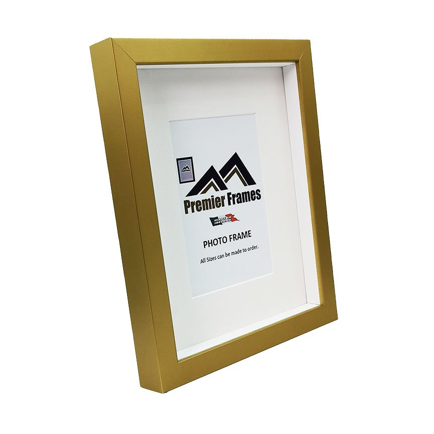 BF32MG Single Shadow Box Frame Smooth Flat Matt Gold Wood 30mm Deep x 20mm on face with 20mm White spacer.
