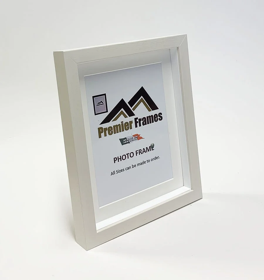 BF32BV Single Shadow Box Frame Ivory (Limed White) Wood Grain 30mm Deep x 20mm on face with 20mm White spacer.