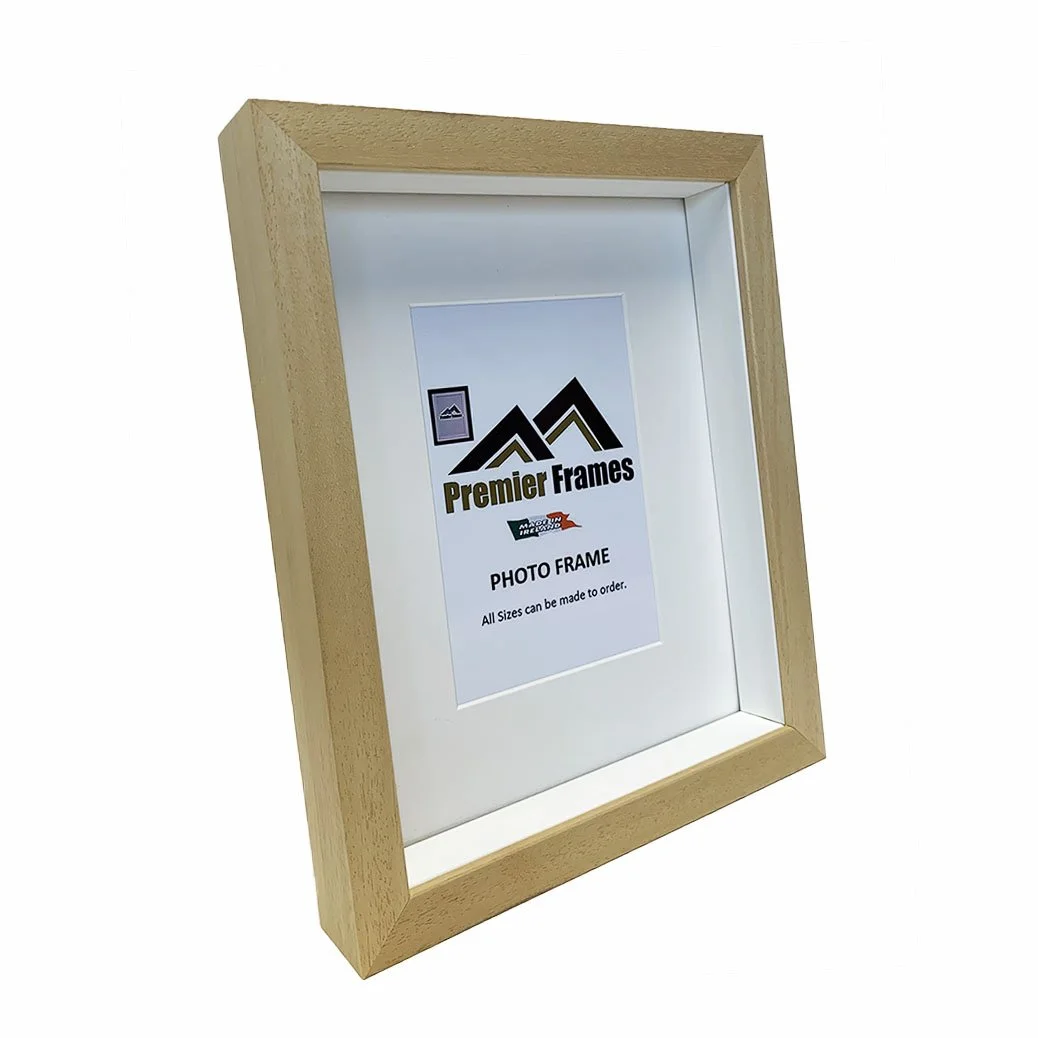 BF40RW Single Shadow Box Frame Raw Wood Grain 40mm Deep x 20mm on face with 25mm white spacer.