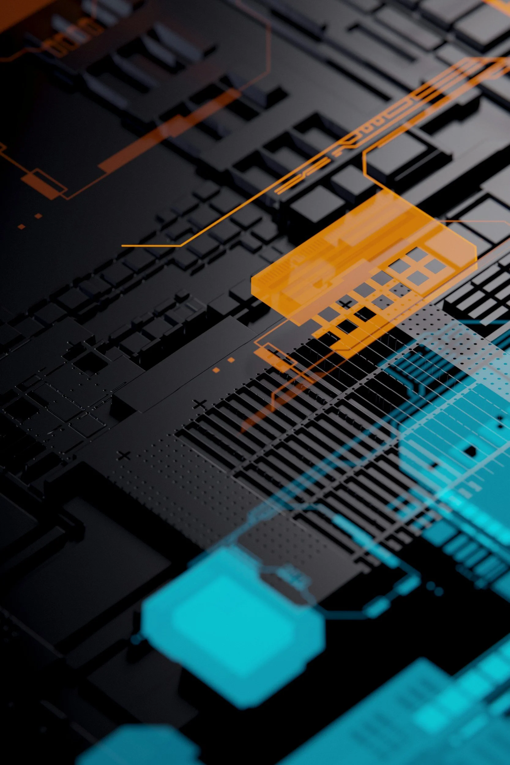 Futuristic digital circuit board overlay with glowing blue and orange elements on a dark background.