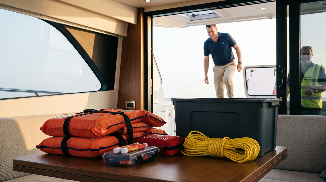 Emergency preparedness supplies, including life jackets, first aid kit, flashlight, plastic container, climbing rope, and other gear, on a table inside a boat, with two people outside on the deck.