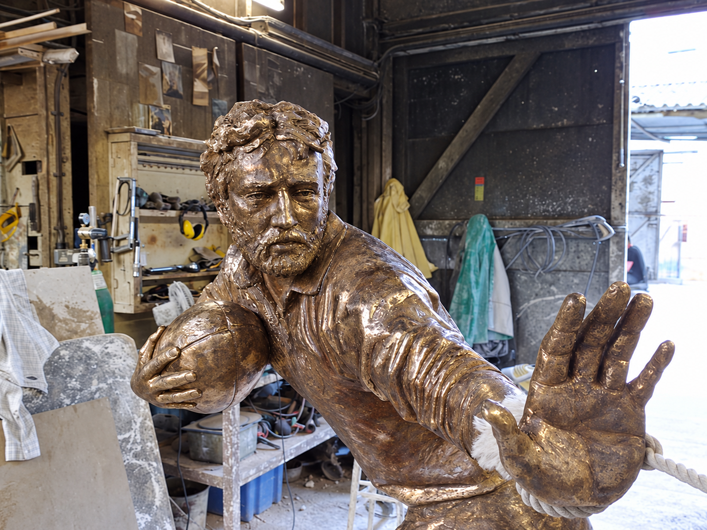 Detail of David Williams-Ellis’s bronze portrait sculpture of Ray Gravell.