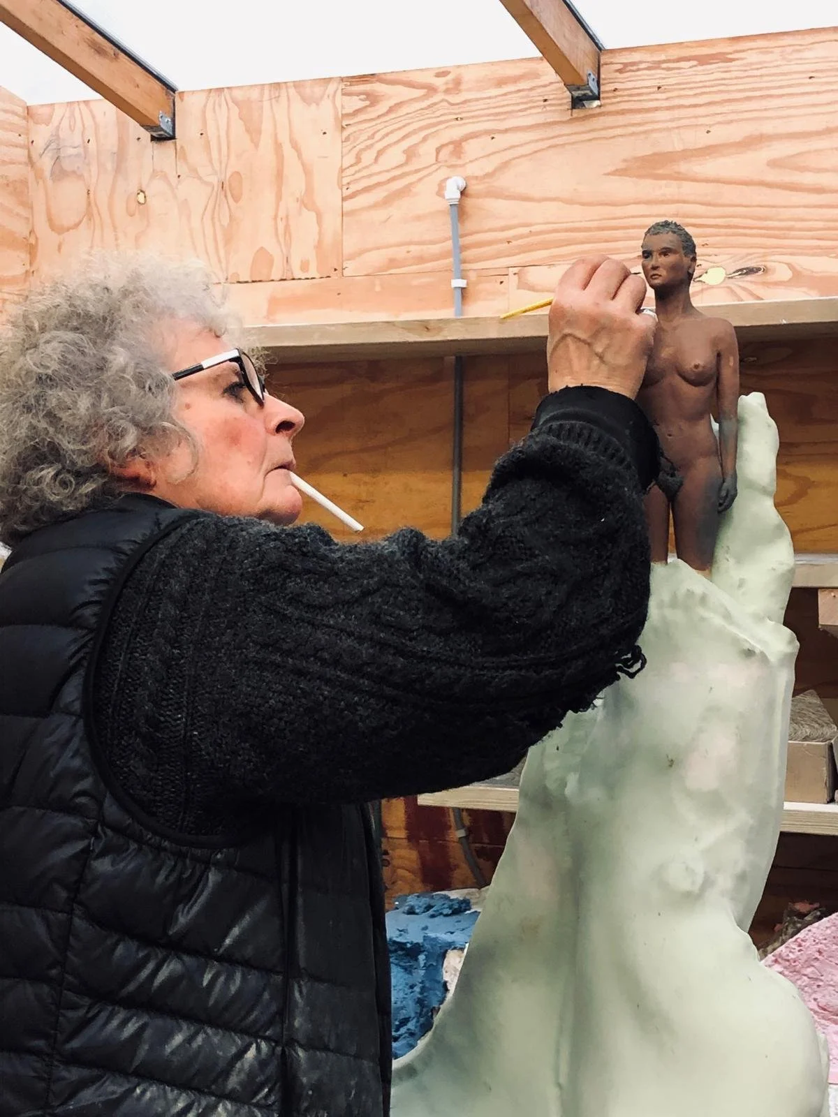 Maggi Hambling working on the enlarged model for A Sculpture for Mary Wollstonecraft.