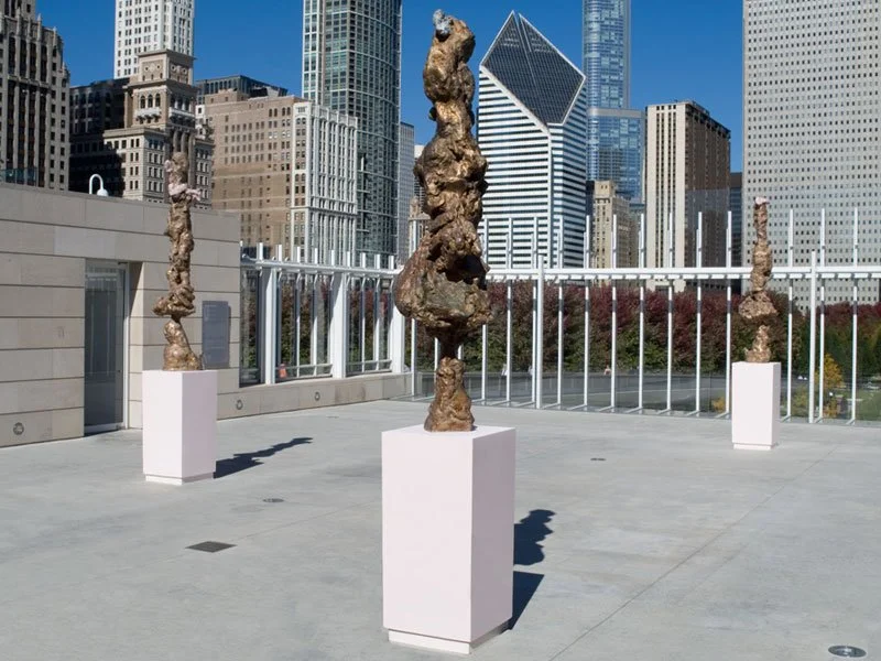 Bronze sculpture by Rebecca Warren overlooking the Chicago skyline from the Bluhm Family Terrace.