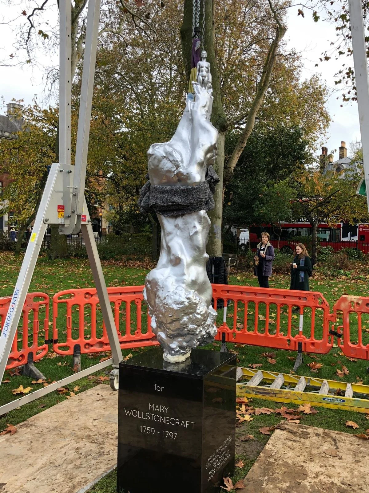 A Sculpture for Mary Wollstonecraft during installation at Newington Green, London.