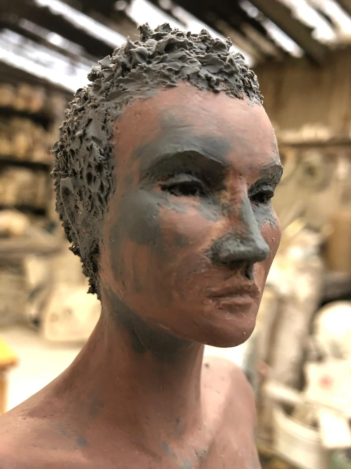 Detail of the face of A Sculpture for Mary Wollstonecraft during finishing.