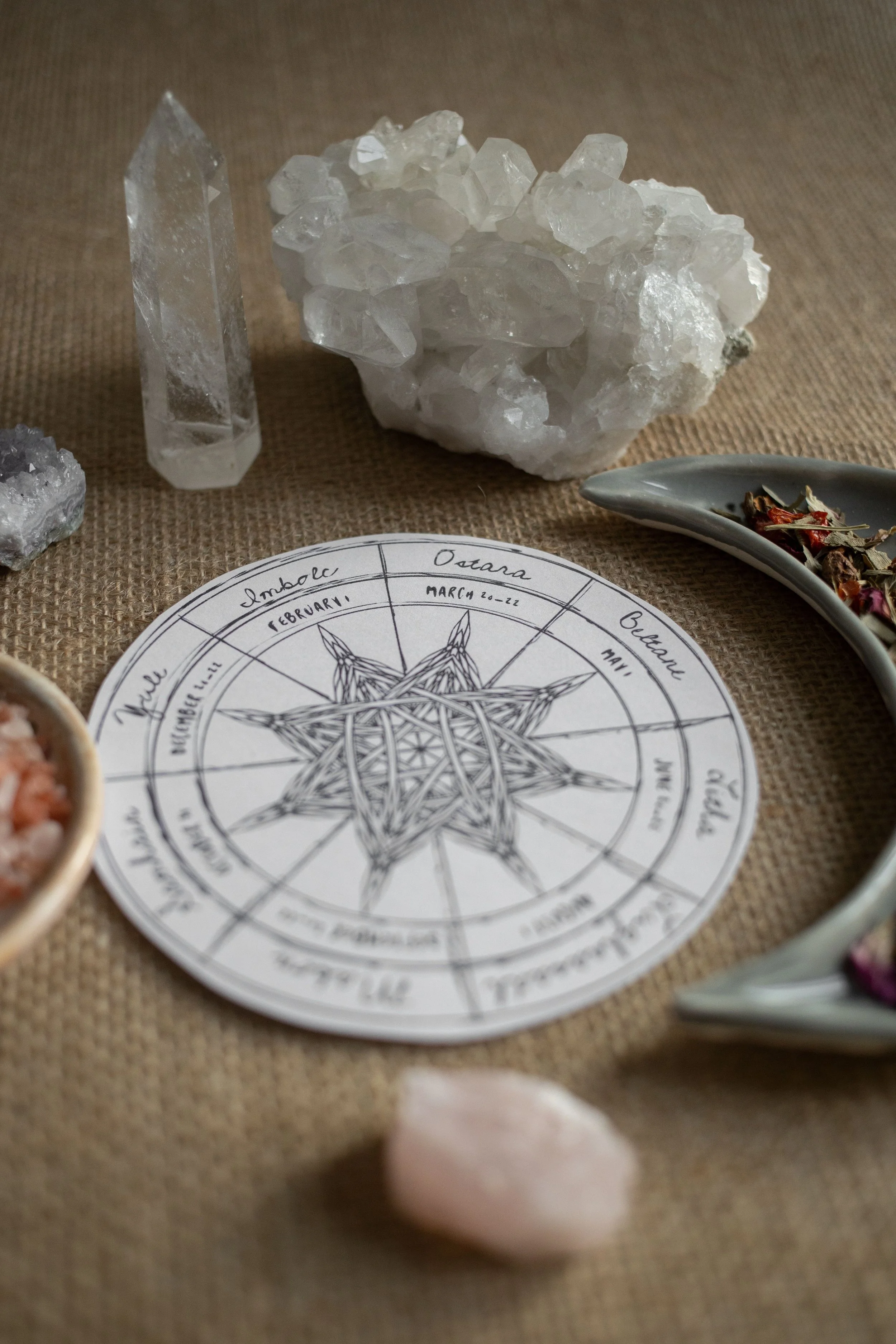 A large clear quartz cluster, a smaller clear quartz point, and a white crystal are displayed on a beige textured surface. There is also a circular paper with a star-shaped diagram and months of the year written on it, and a gray dish with dried flowers or herbs.