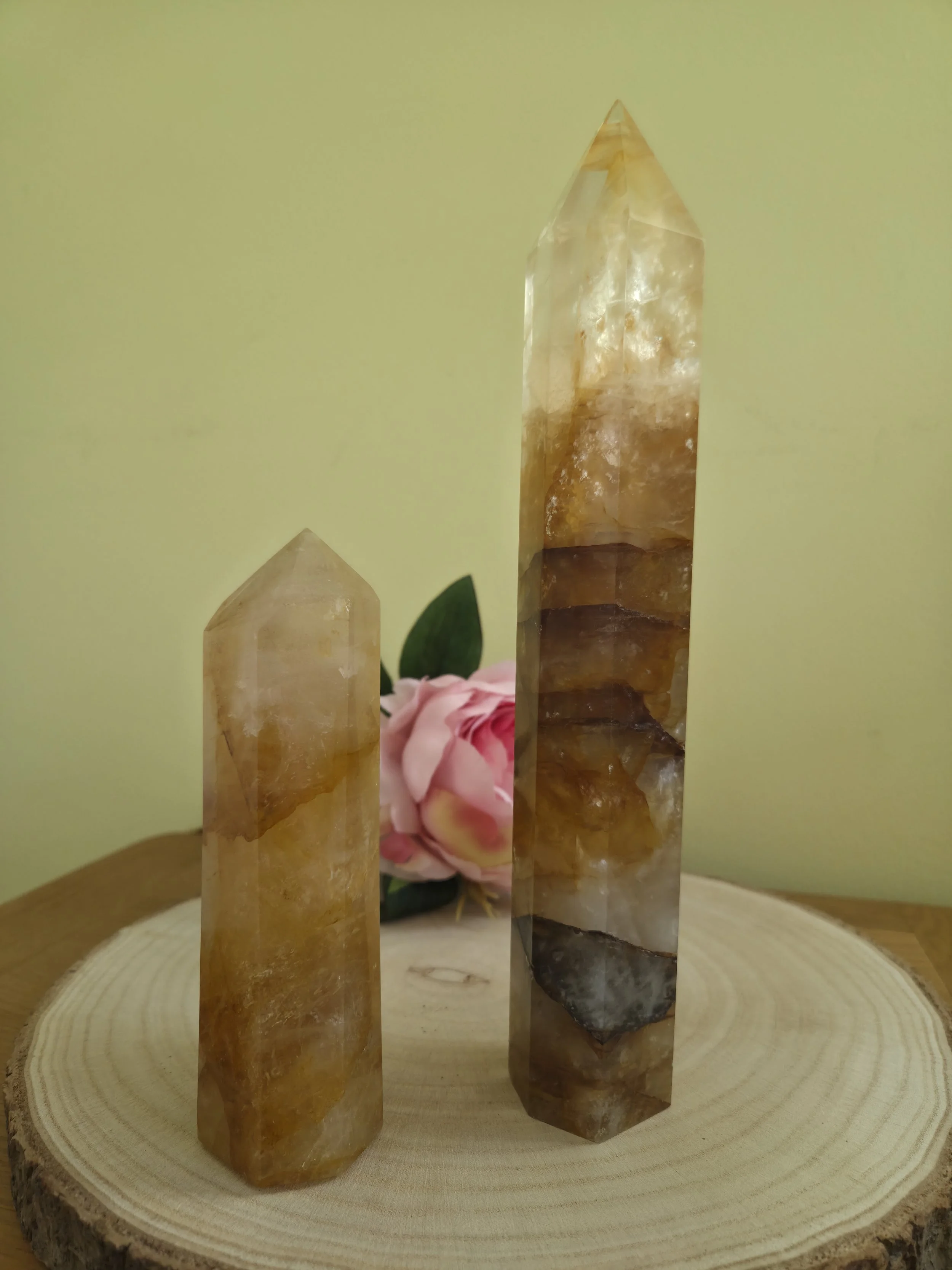 Three polished gemstones, one large and two smaller, placed on a wooden slice with a pink flower and green leaf in the background, against a green wall.