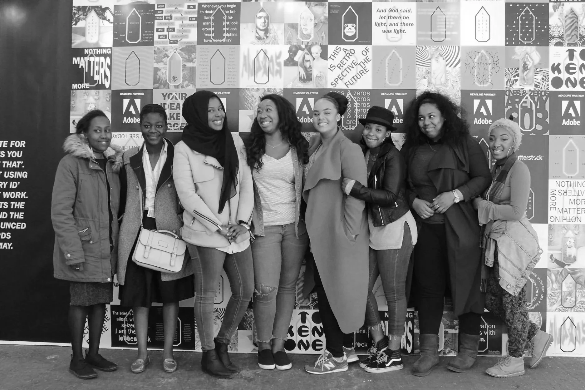 Black & white photo of the GirlHood creative traineeship participants at the D&AD New Blood Festival 2016.