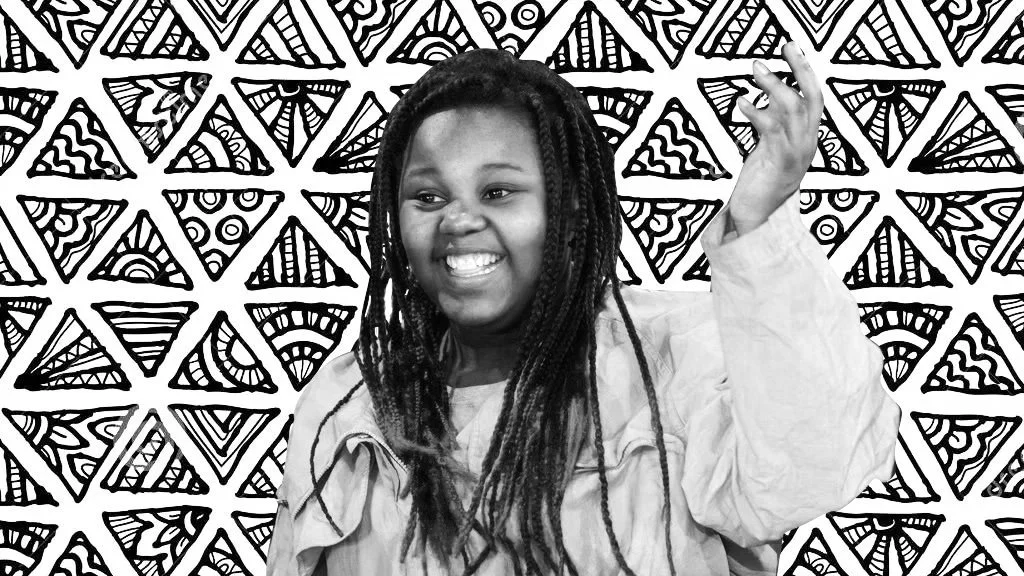 Black & white photo of a workshop participant raising her hand and smiling, collaged on top of a doodled background with patterned triangles.
