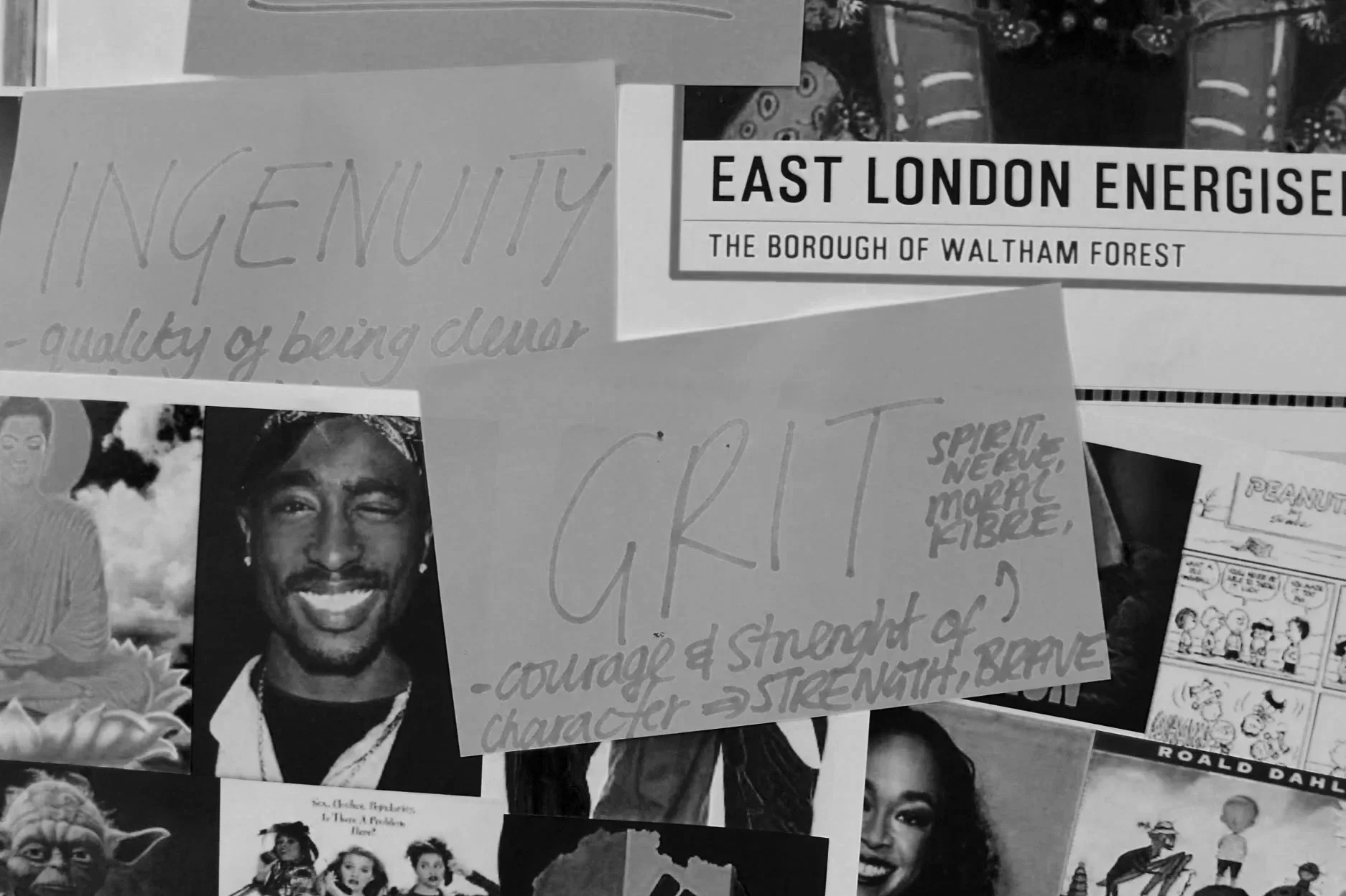 Black & white photo of a mood board taken during The GirlHood Creative Traineeship. There are two post-it notes that read Ingenuity and Grit.