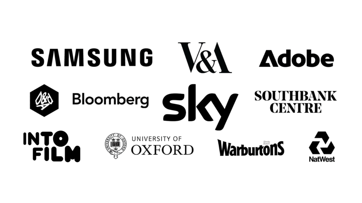 Logos of various organizations and universities, including Samsung, V&A, Adobe, Bloomberg, and Oxford University.