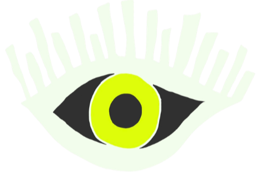 A simple, stylized drawing of an eye with rays emanating from it.