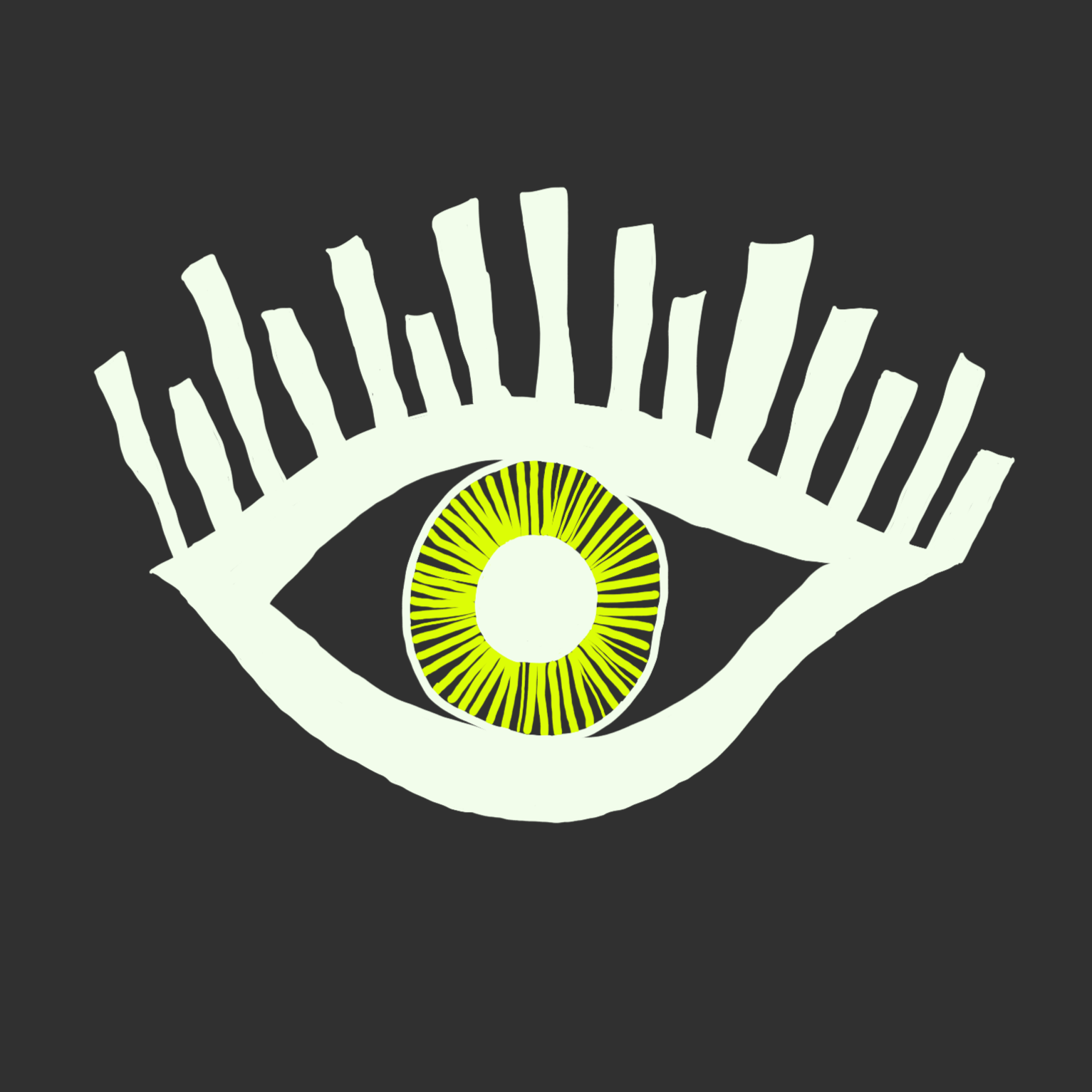Graphic illustration of an eye with yellow iris and white sclera on a dark background, featuring stylized eyelashes.