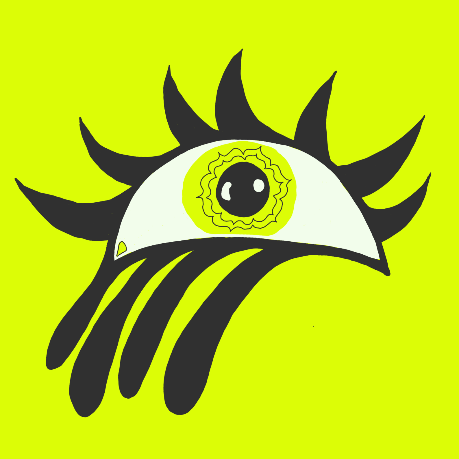 A stylized illustration of a black and white eye with a yellow iris and black pupil, surrounded by black spiky shapes like eyelashes, on a bright yellow background with black streaks at the bottom.