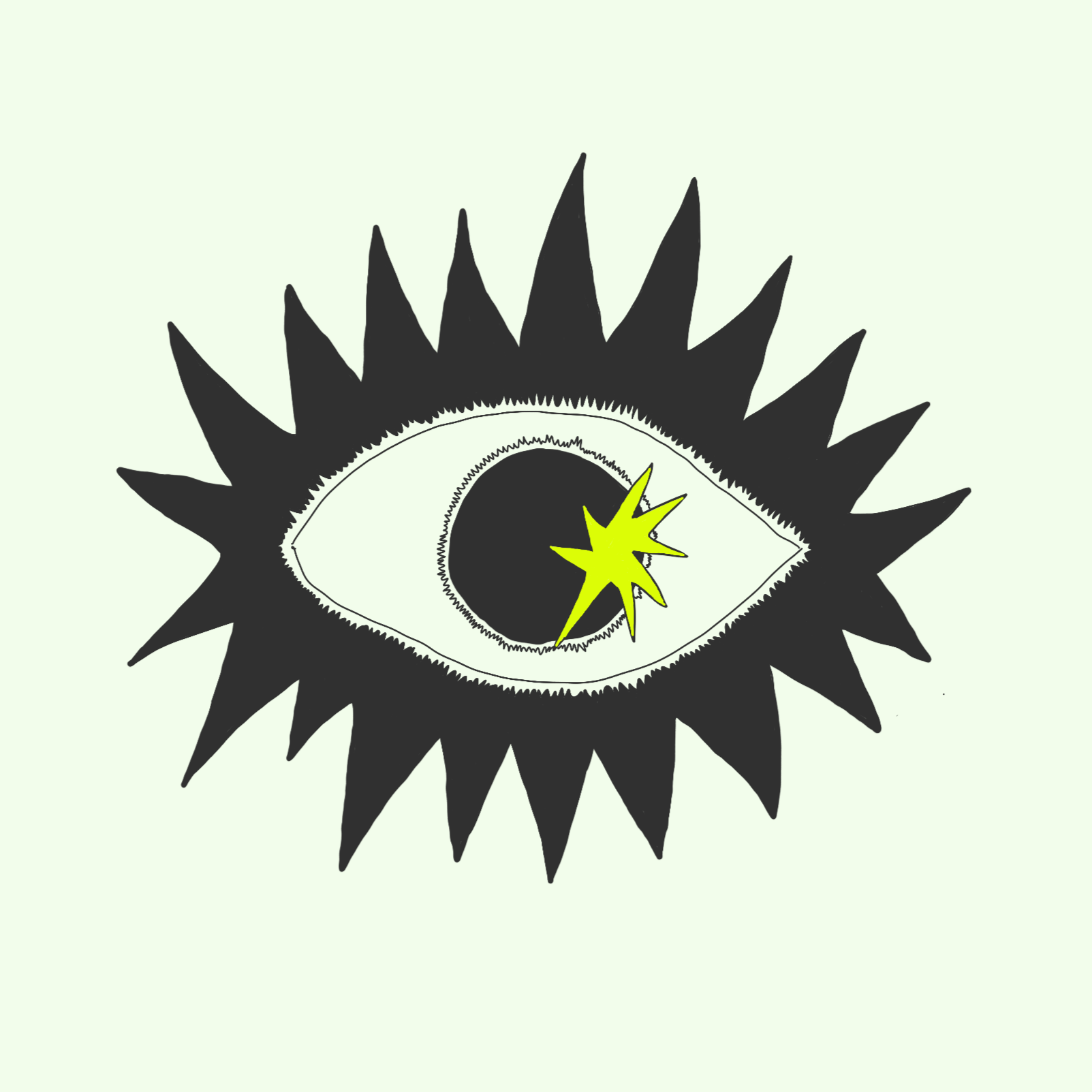 An abstract illustration of an eye with black eyelashes and a yellow star-shaped highlight in the pupil, set against a pale green background.