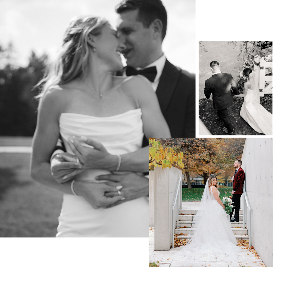 West Michigan wedding coordinator collage featuring couples on their wedding day. Includes candid moments, ceremony styling, and joyful portraits—highlighting expert coordination and timeline management for Grand Rapids and destination weddings.