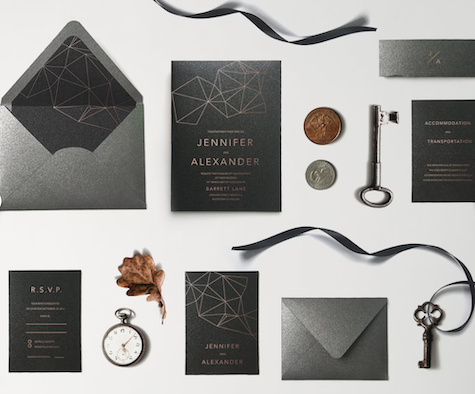 black modern minimalist art deco wedding invitation suite