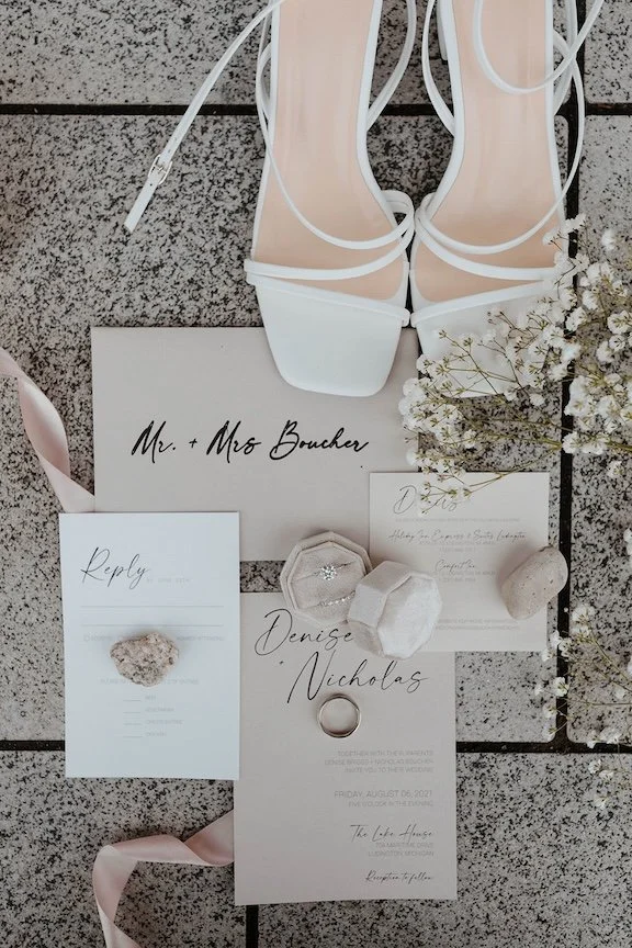 Wedding Shoes, Invitations, Details Shot, Babys Breath