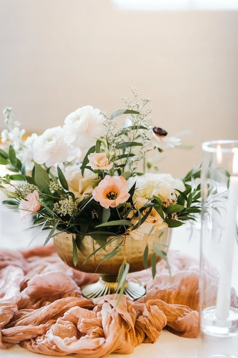 Gorgeous Gold Compote with Cheesecloth Table Runners and Candle Accents