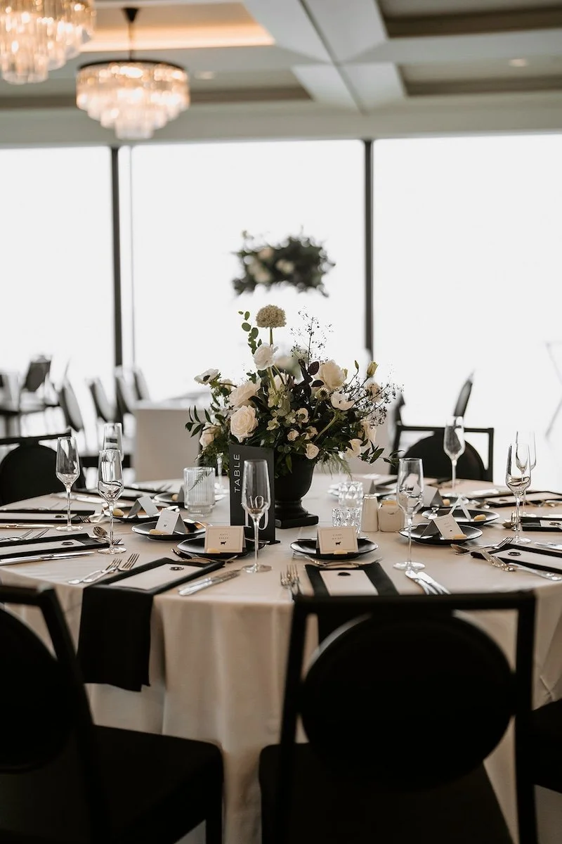 Elegant Black and White Wedding Tablescape at War Memorial Detroit