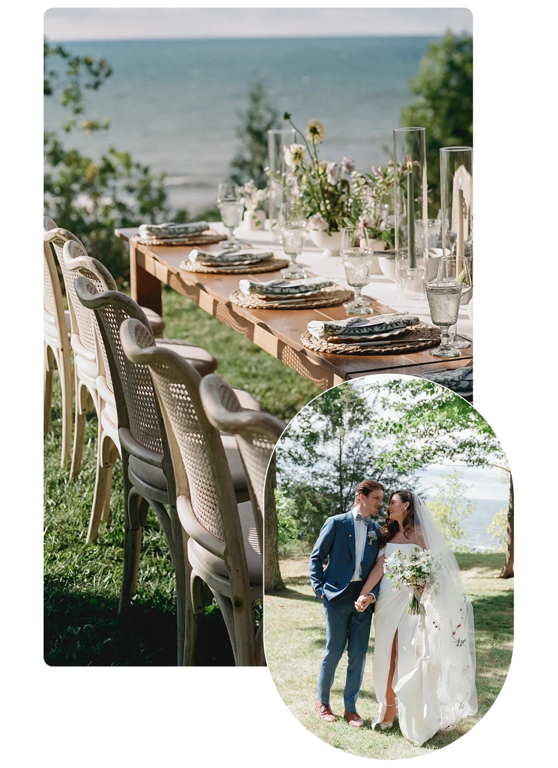 Lakeside wedding reception table with greenery and candles, and a portrait of the newlyweds. Photography by Meghan Baskin.