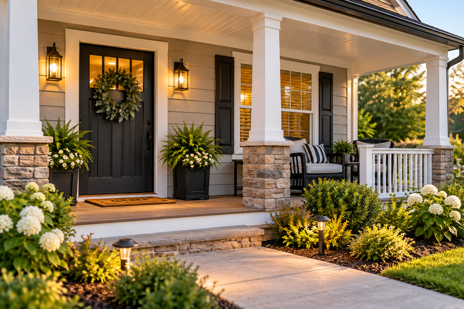 Front porch of a house with a black door, potted plants, outdoor seating, and landscaped garden with white flowers and garden lights at dusk.