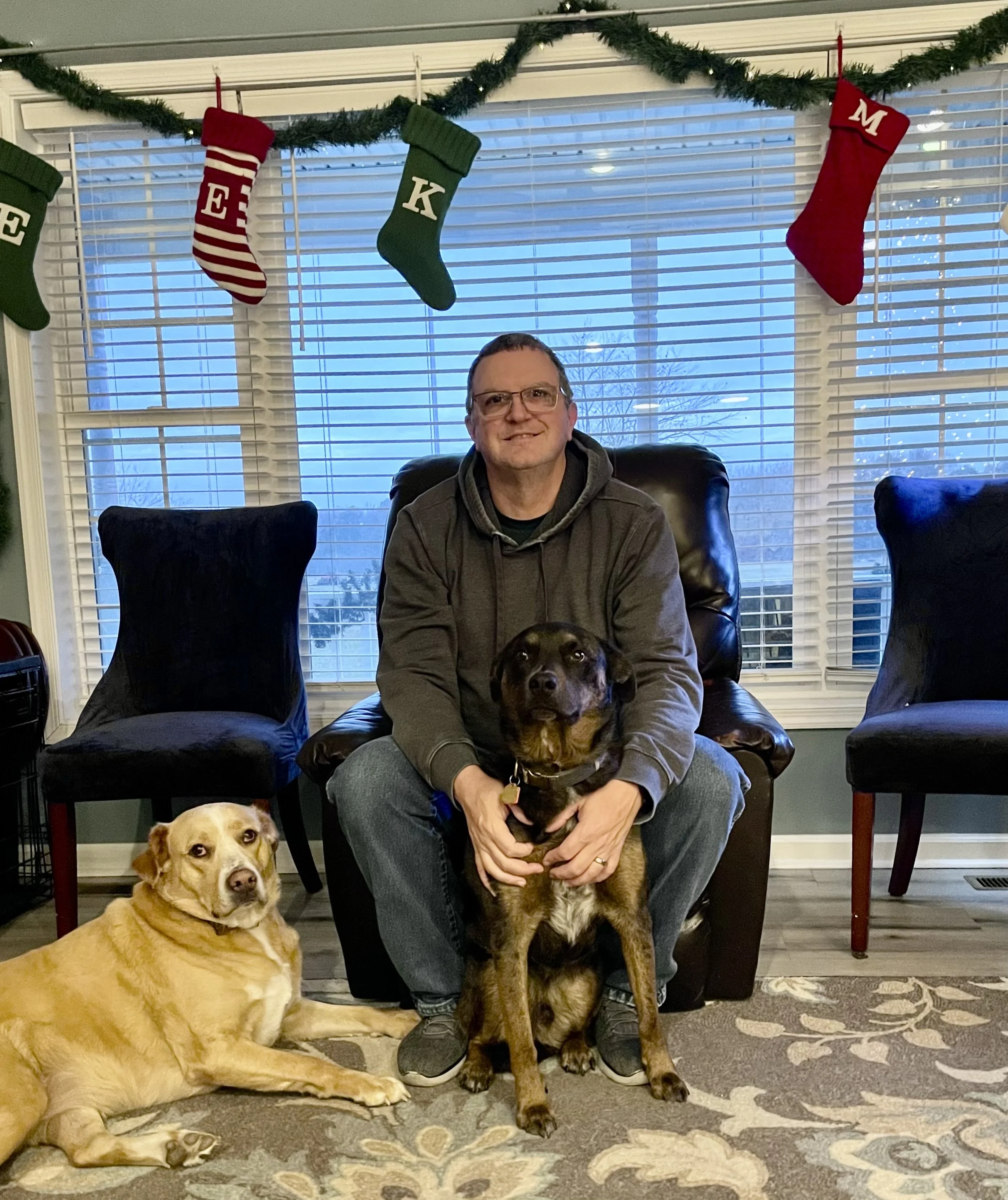 A man sitting in a living room with Christmas stockings hanging above him on a garland. He is holding a large brown and black dog, with a yellow dog lying on the floor nearby. The background features window blinds and partly cloudy sky outside.