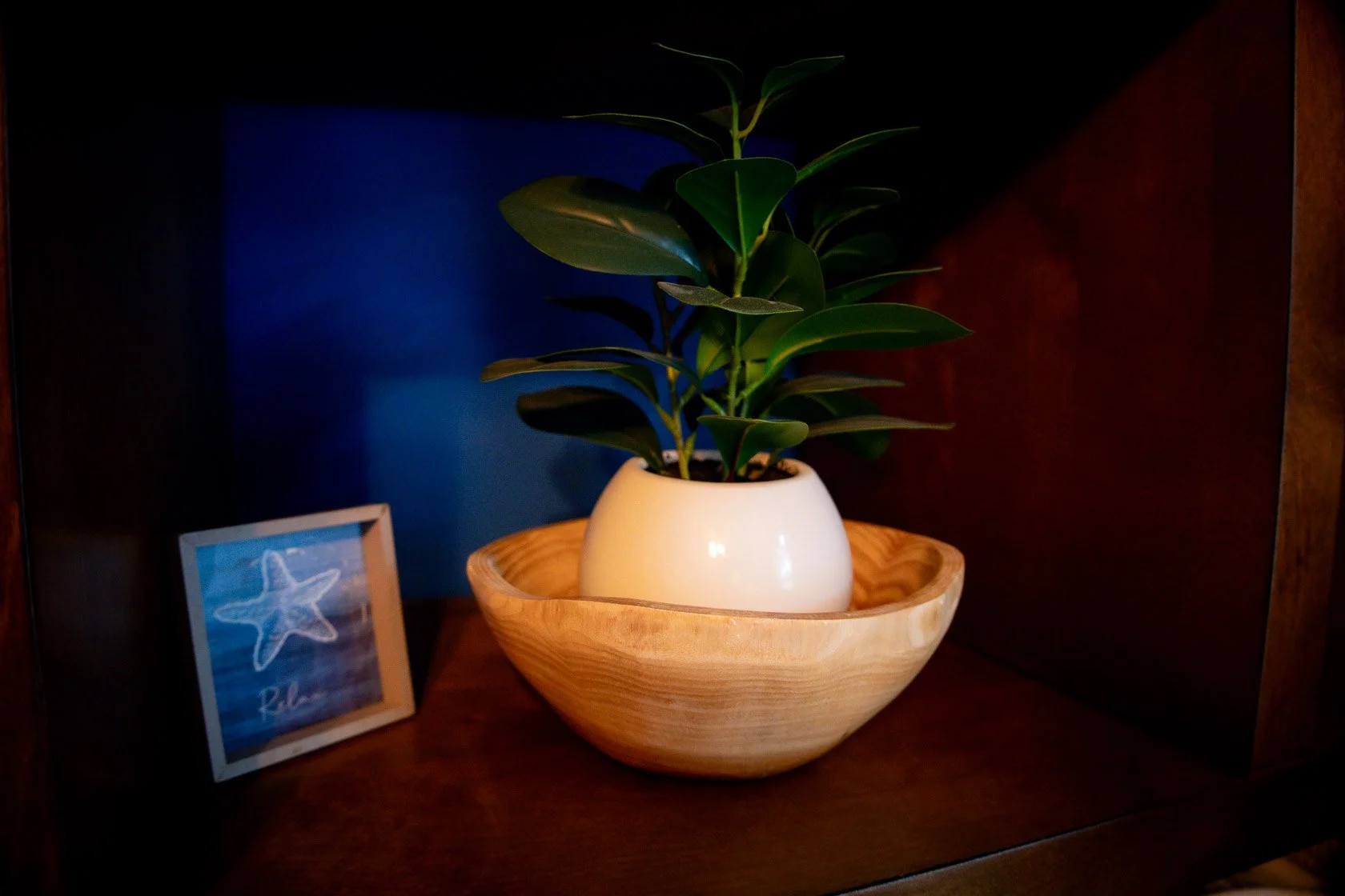 A potted green plant in a white ceramic pot inside a wooden bowl on a wooden surface. There is a framed picture of a starfish with the word 'Relax' on a blue background to the left of the plant.
