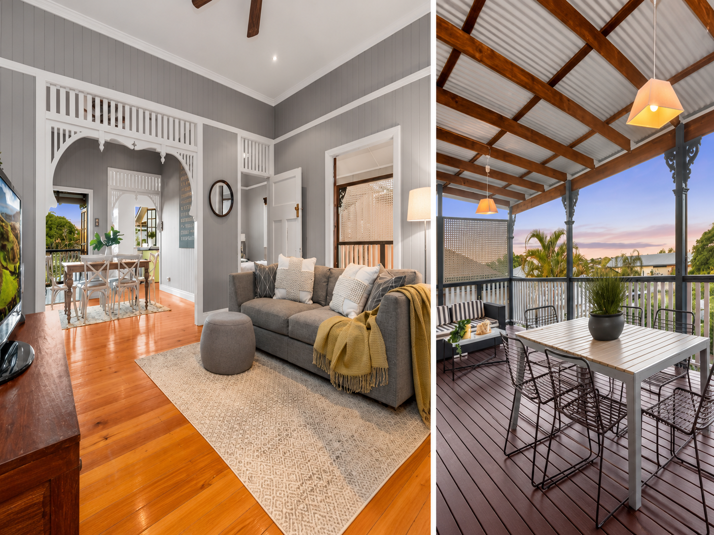 Two photographs showing a Queenslander living room with timber floors and a covered verandah with outdoor dining.
