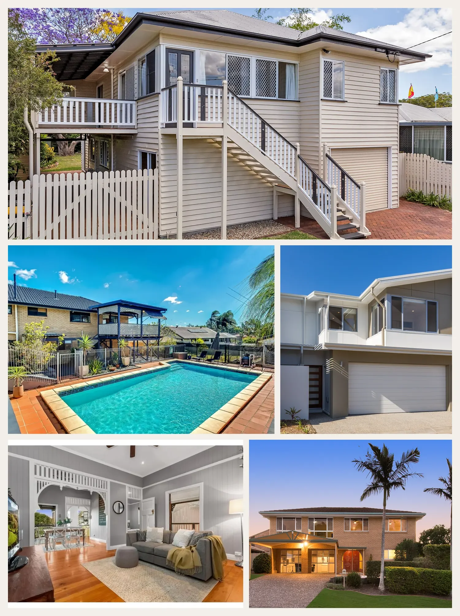 Collage of residential properties showing a raised timber house, swimming pool, modern homes and a living room.