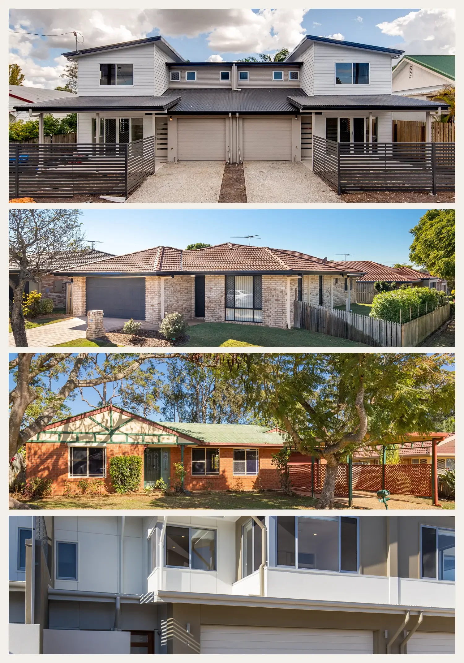 Collage of residential investment properties, including adjoining townhouses and a single-storey brick home.