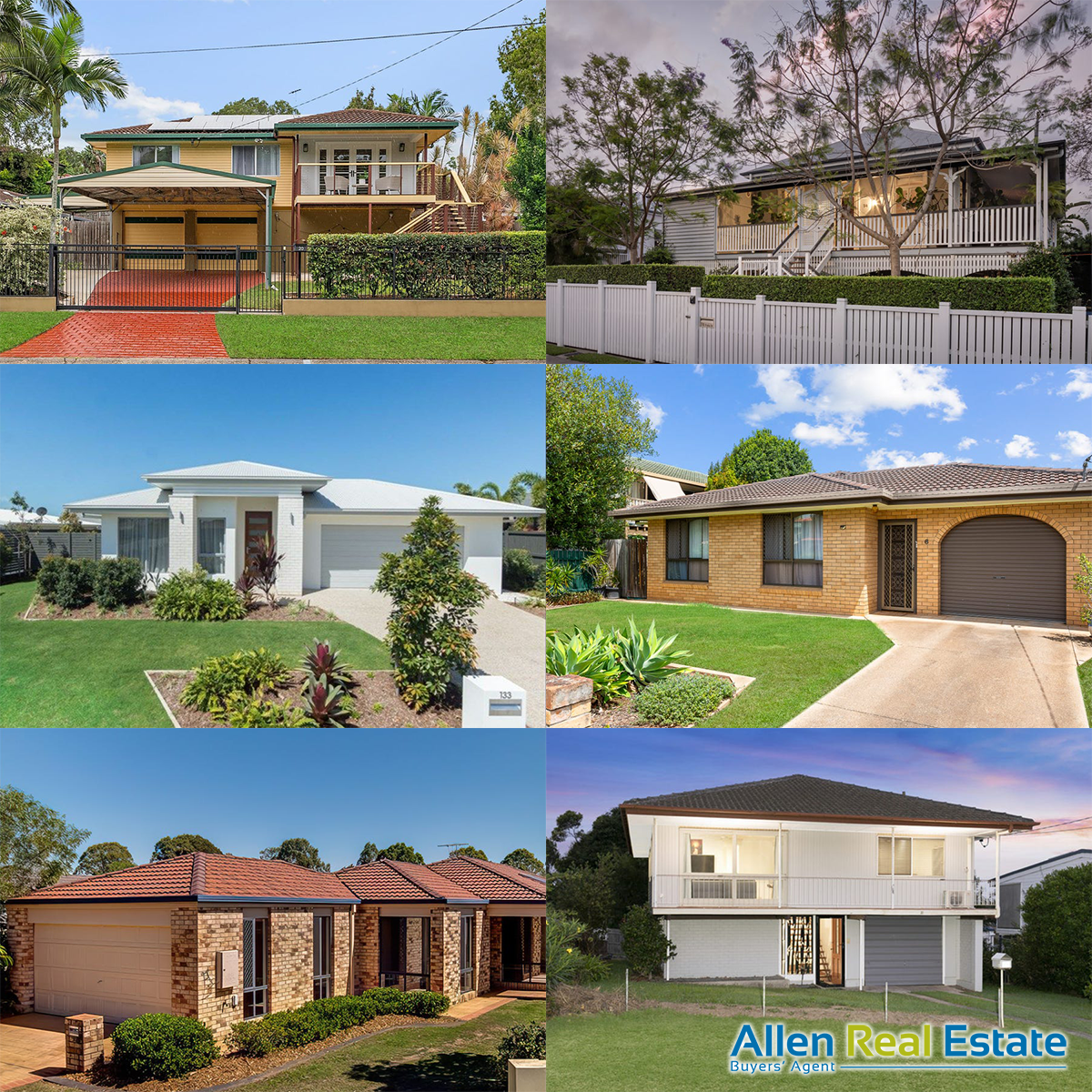 Six residential properties, including timber Queenslanders, brick homes and a modern two-storey house.