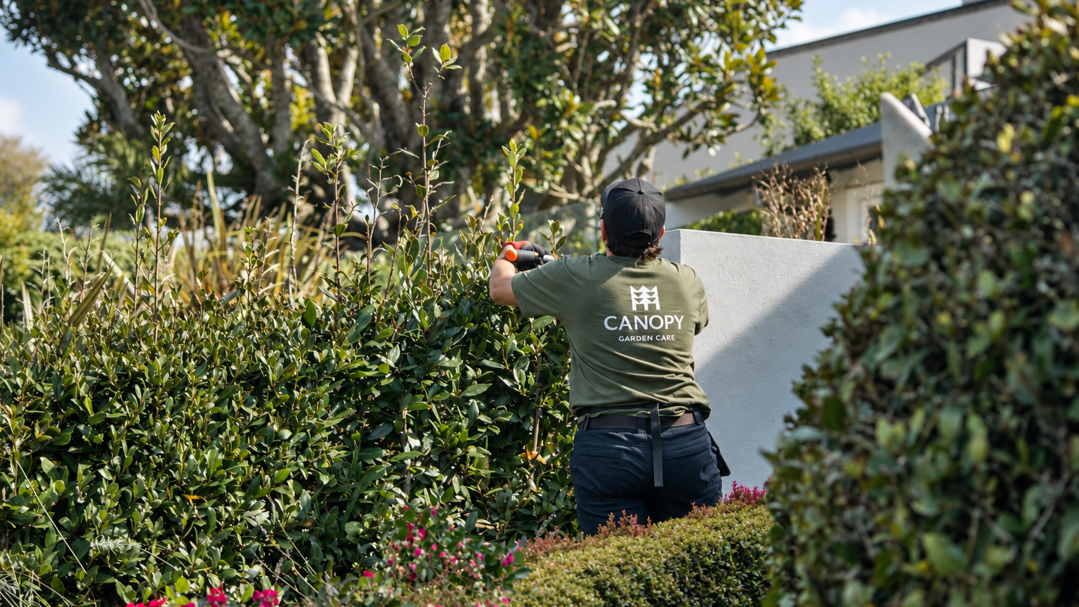 A gardener trimming bushes in a backyard garden, wearing a green 'CANOPY GARDEN CARE' t-shirt, black pants, and a black cap, with a house and trees in the background.