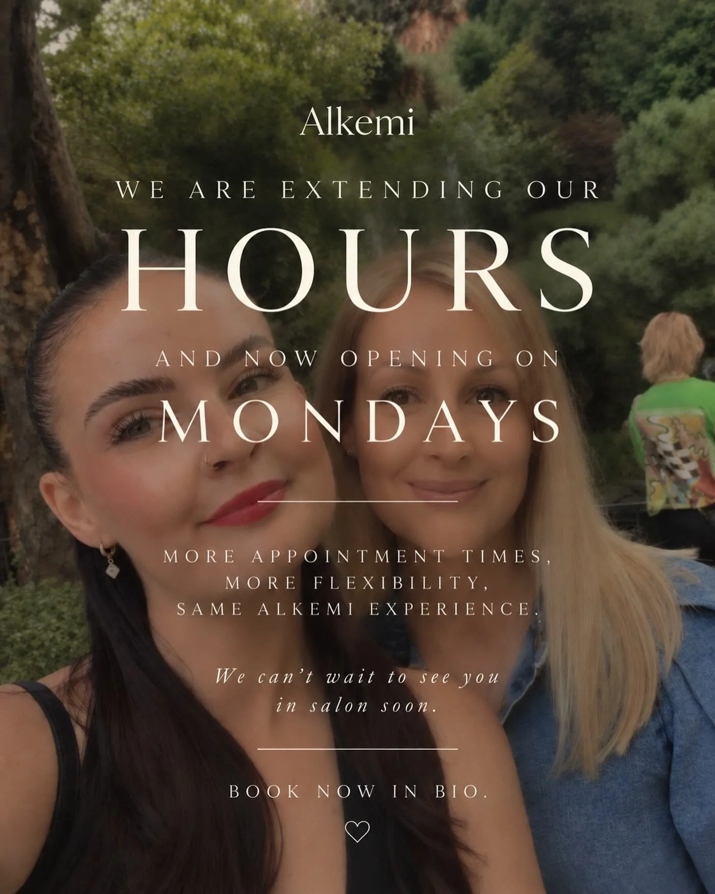 ✨ A little Alkemi update ✨

We&rsquo;re excited to be extending our salon hours from Monday 12 October we&rsquo;re now OPEN on Mondays!

Our new opening hours are:

Monday 9&ndash;5:30
Tuesday 9&ndash;9
Wednesday 9&ndash;9
Thursday 9&ndash;5:30
Frida