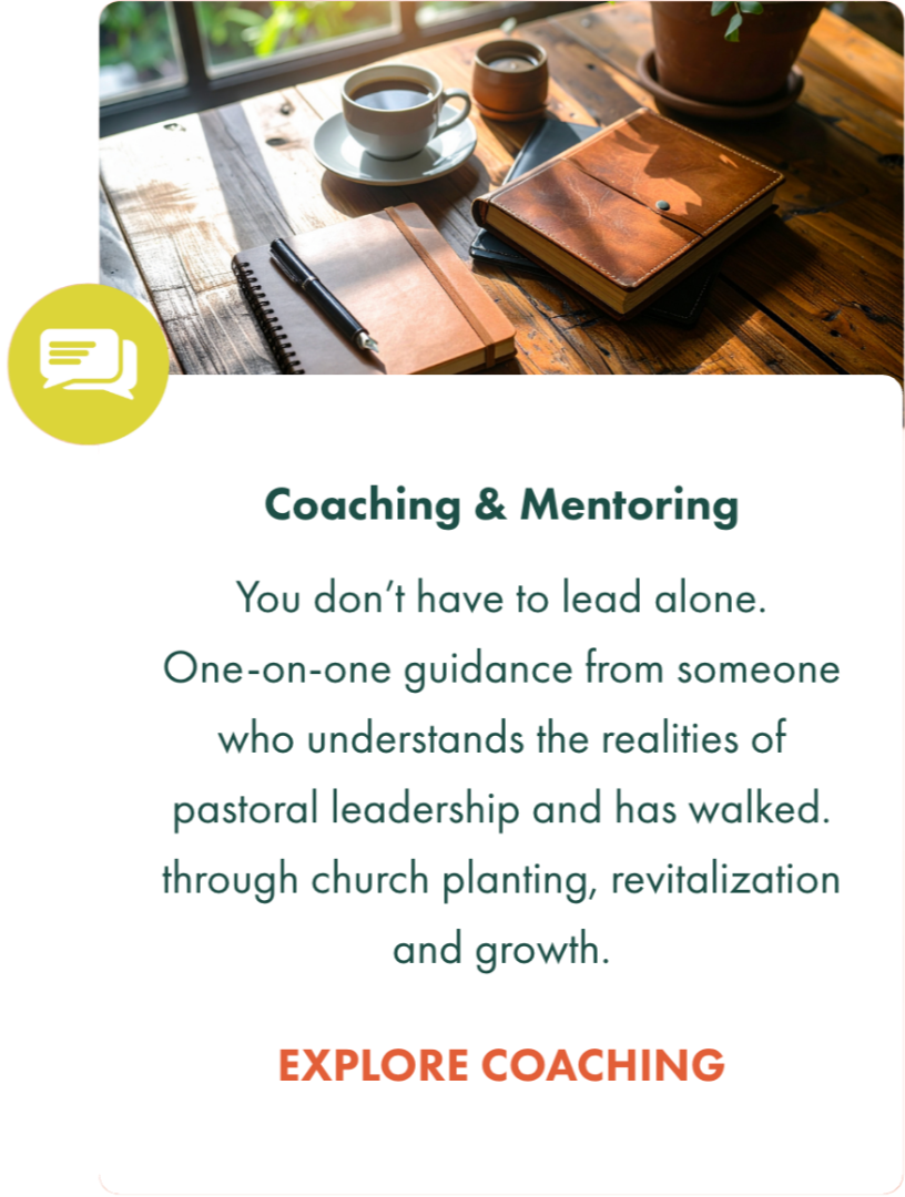 Chuck provides one-on-one coaching and mentoring for pastors, drawing from his own experience in church planting, revitalization, and growth to help leaders navigate ministry with confidence.