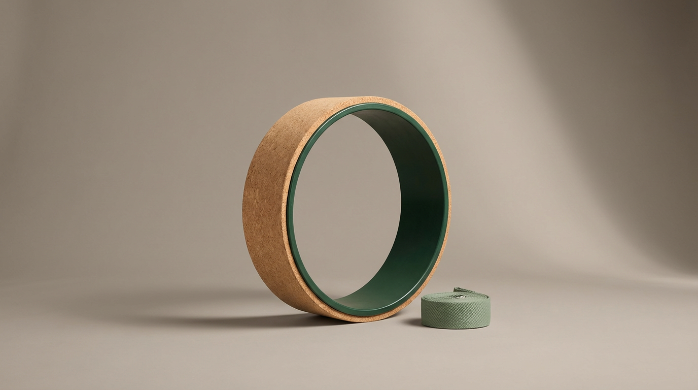A large cork yoga wheel with a green interior and a small green yoga strap next to it, set against a neutral background.