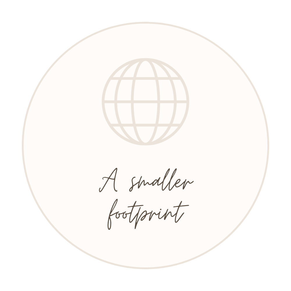 A circular logo with a globe icon and the text 'A smaller footprint' in cursive, light beige color on a white background.