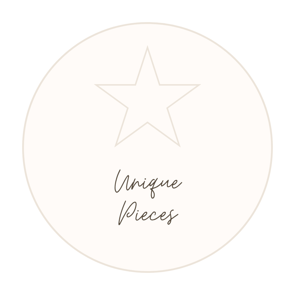 Circular badge with a star outline at the top and the words "Unique Pieces" written below in cursive font.