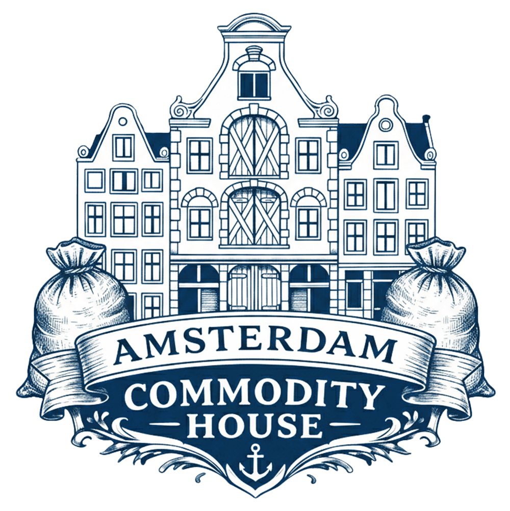 Illustration of a historic Dutch-style building with bags of commodities and the text 'Amsterdam Commodity House' in a banner.