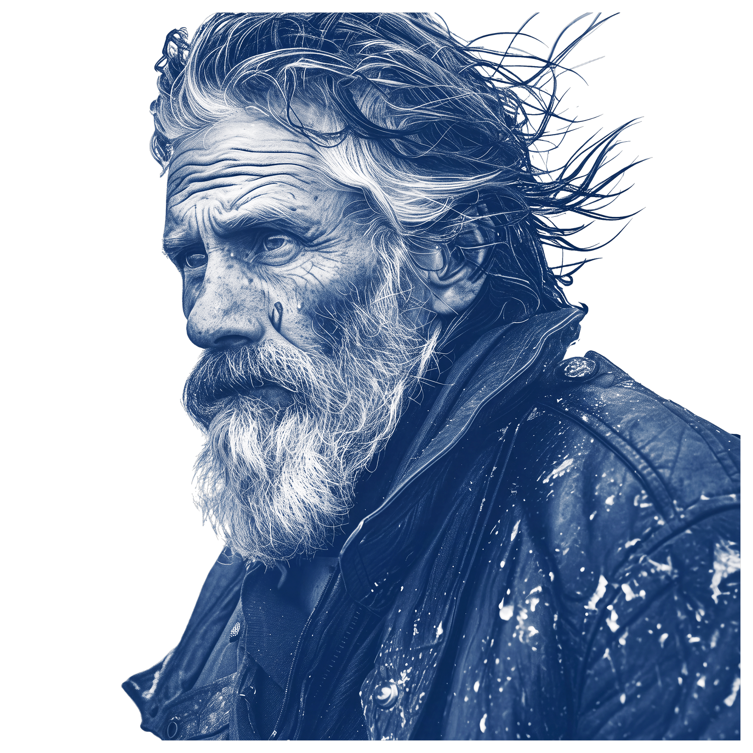 A digital art portrait of an elderly man with a long beard and flowing hair, rendered in shades of blue.