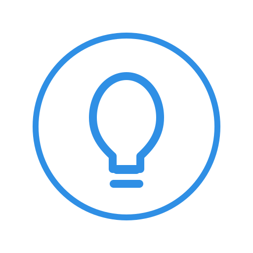 Blue outline light bulb icon inside a circle on a black background.
