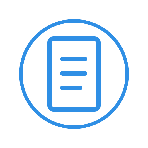 Icon of a smartphone with horizontal lines representing text, enclosed in a blue circle.