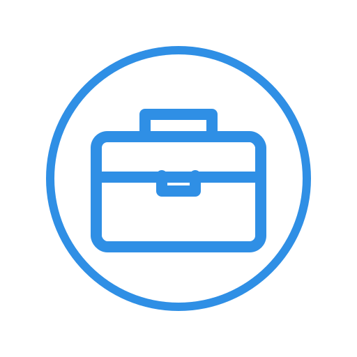 Blue briefcase icon inside a circle on a black background.