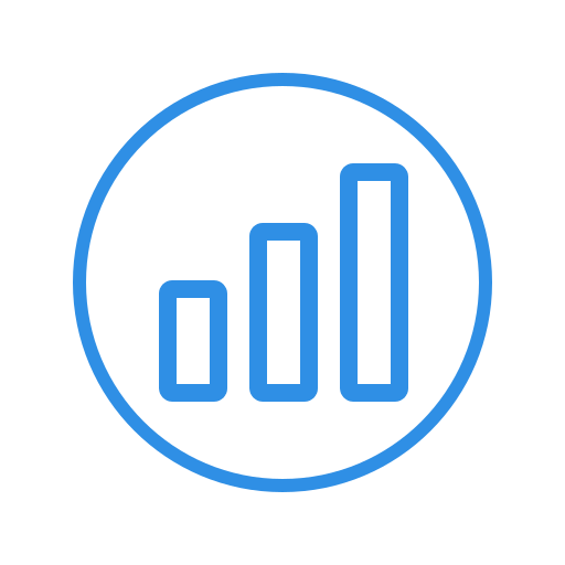 Blue line chart icon with three ascending bars inside a circle, representing growth or analytics.