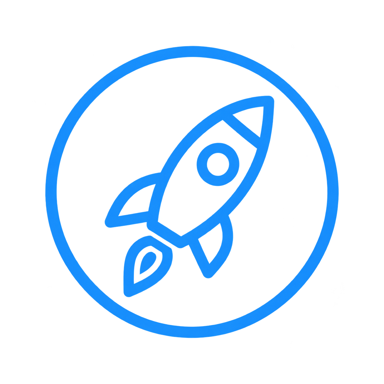 A blue neon icon of a rocket ship inside a circle.