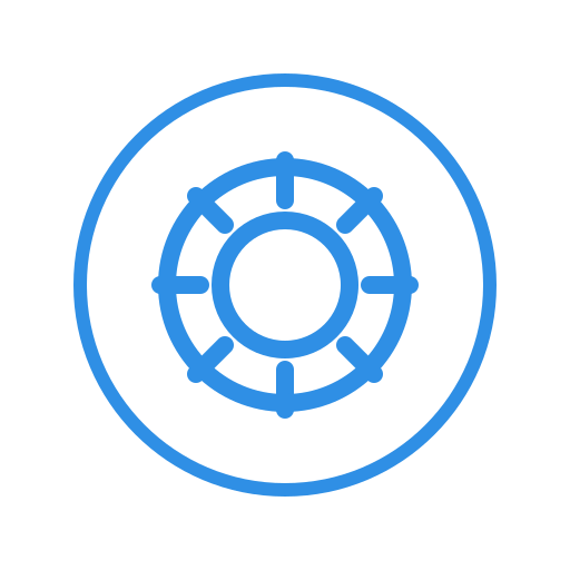 Blue gear icon inside a circle on a black background.