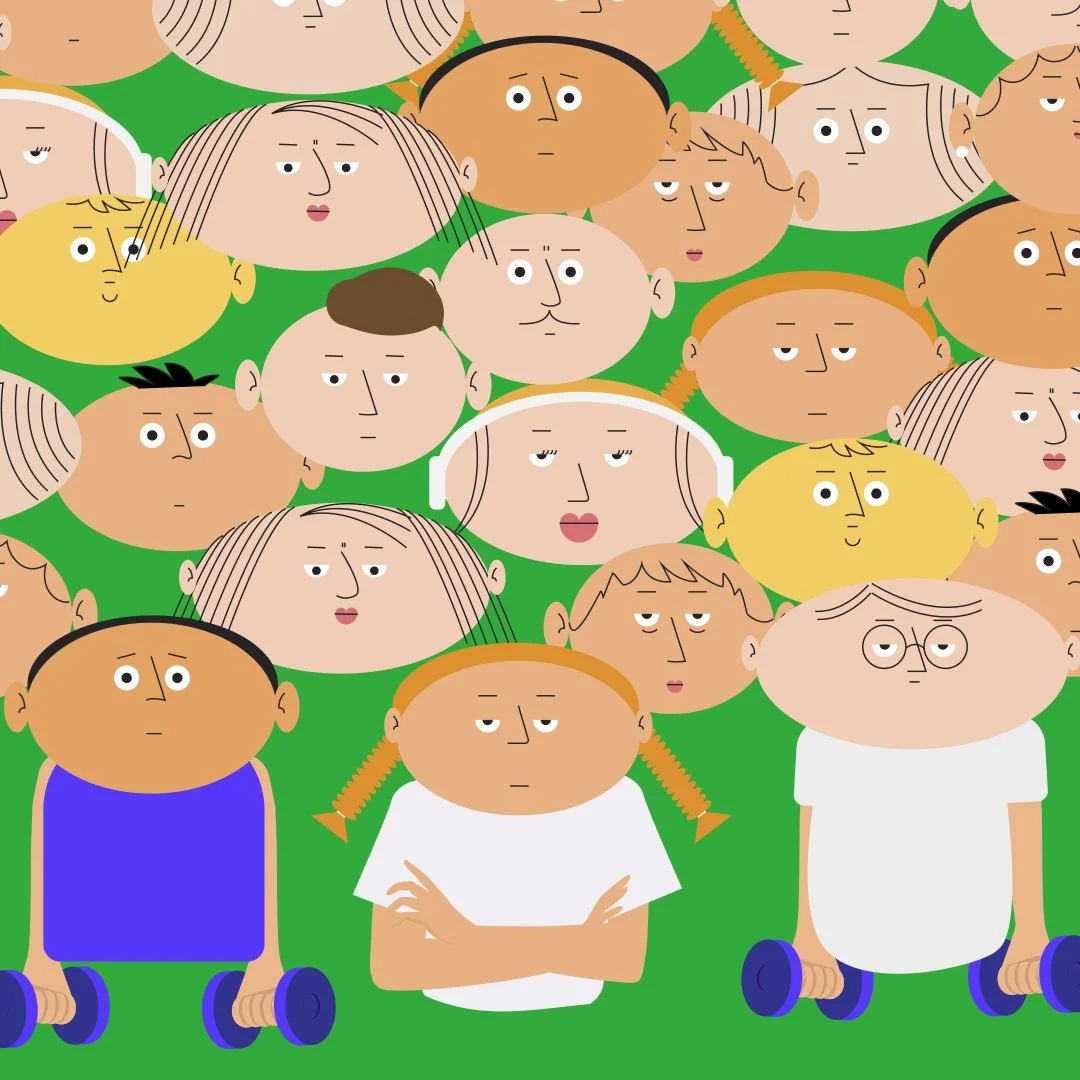 Colorful cartoon crowd of diverse children and adults on a bright green background