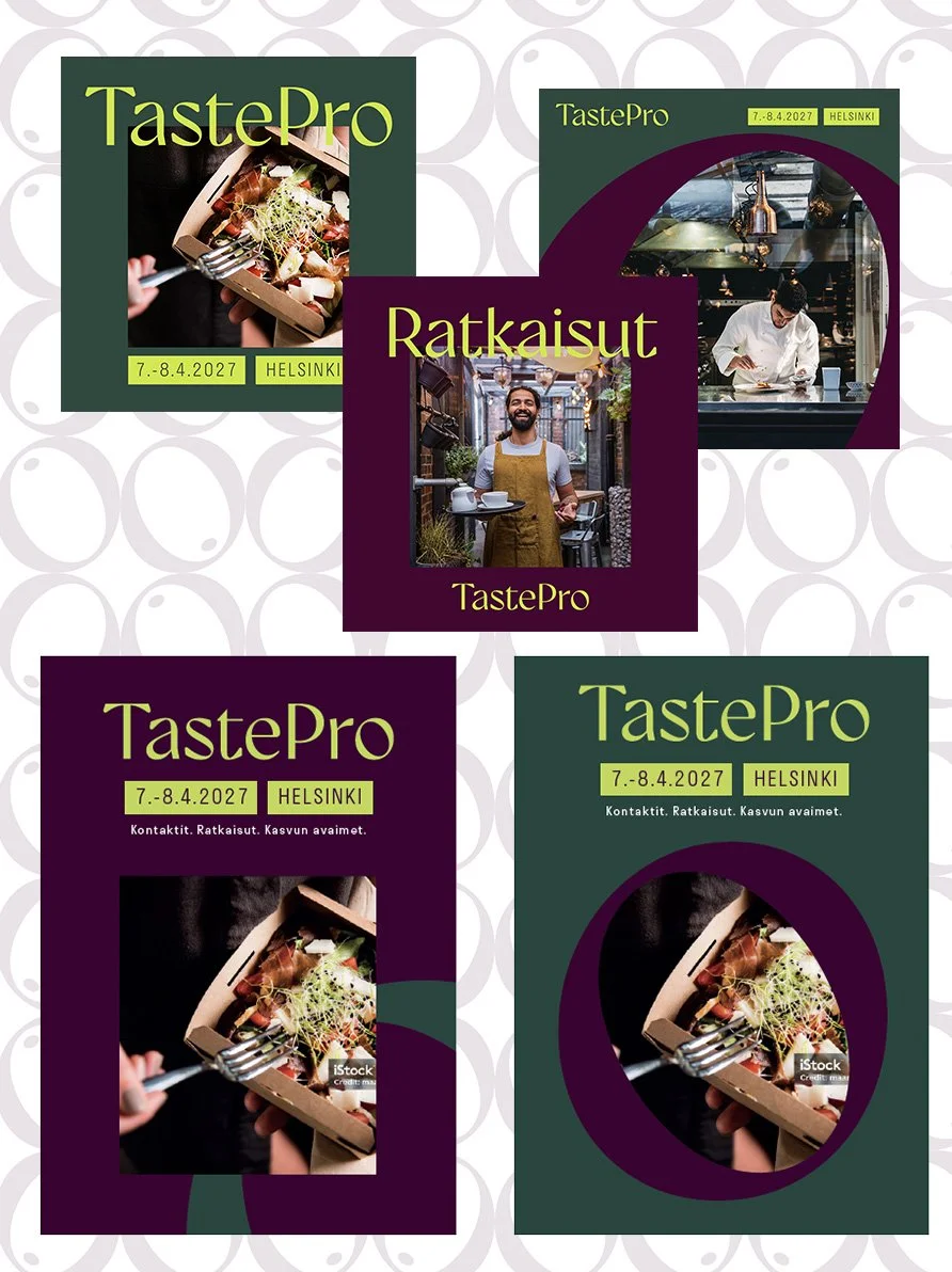 TastePro Helsinki event poster design variations featuring food photography, a chef, and a café server; dated July 7–8, 2027.