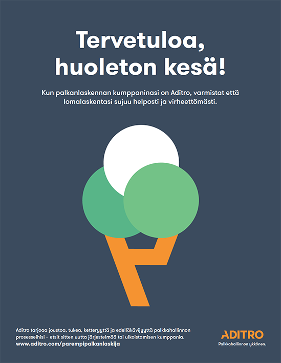 Finnish Aditro payroll service advertisement with abstract green and white circles, orange lightning bolt, and text about accurate, punctual salary payments.